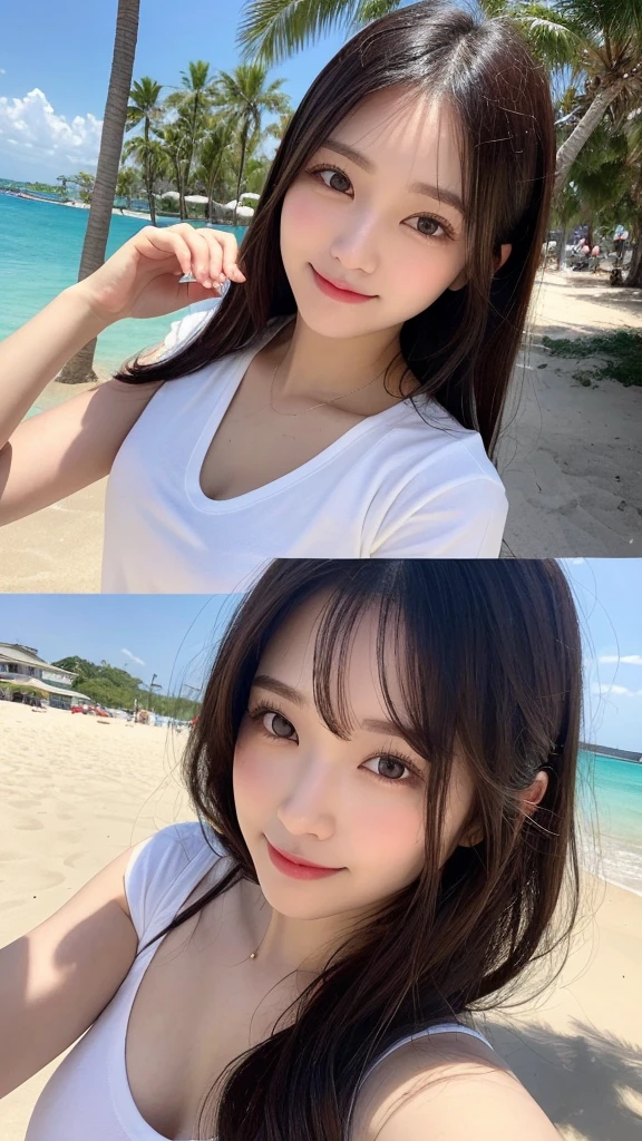 Highest quality, Very detailed, finely, High resolution, 8k wallpaper, Perfect dynamic composition, Beautiful and exquisite,ランダムなcute髪,Natural color lip, Bold sexy pose,20-year-old girl、cute、Looking into the camera,Perfect and beautiful face,Slim face and figure,Big eyes、Gal Makeup,Small face、smile,Elegant feminine face、Randomly change the shooting angle and position、smile、Top to bottom々Shoot from the right angle and direction、Sexy Face、White T-shirt、White panties、Clear sky、Sandy Beach、sun、Sandy Beach、fine、Having fun、Parasol、Swim ring、Palm tree、Sandy Beachの上で四つん這いになって