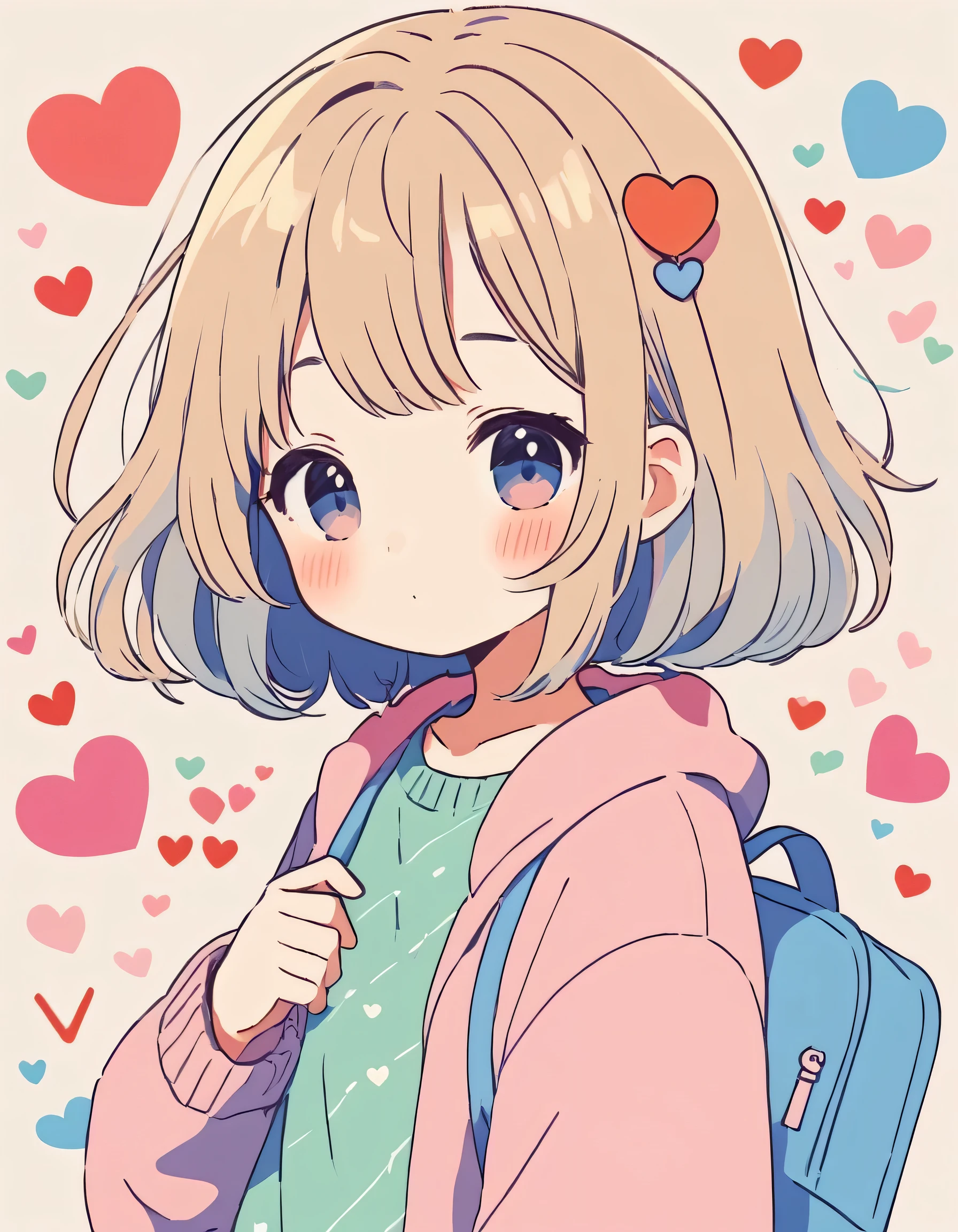 Makoto Shinkai Pastel color style, Simple Line Initialism，Abstract art，Kawaii Design, The most beautiful girl of all time、chibi, (((Cute pillbugs))), colorful hearts
