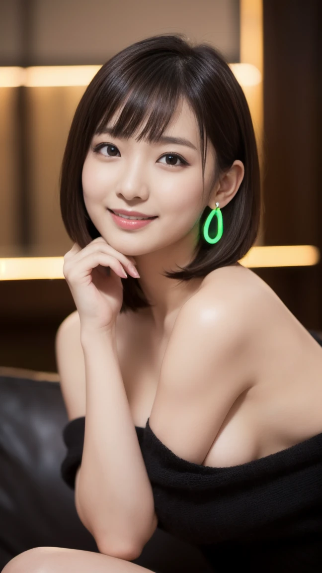 (masterpiece)、(Highest quality:1.5)、(Photorealistic:1.2)、(Surreal), (High resolution), (Realistic), (Post-processing),(Sharp focus), Sharp focus:1.2,Backlight, (Improvement of quality:1.4), (Narrow waist)、((Perfectly detailed five-fingered hands)),(Anatomically correct body)、((1 female:1.4))、Japanese、Realistic Skin、(Small chest:1.4)、Bust size is A cup、Pretty woman with perfect figure:1.4,(from the front:1.5), (Enhances the beauty of skin texture:1.1),No makeup、美しいBlack Hair、smile、Natural color lip、(Small Mouth:1.4)、The mouth is not open、Thick lips、(Oval Face)、Even bangs、Hide eyebrows with bangs、((33-year-old woman))、Bob Hair、Hair blowing in the wind, (Black Hair, Iris, Watery eyes, Shining Eyes, Bob cut hair, Small earrings,), Hair behind the ear、No makeup、(Drooping eyes)、(((One lovely woman)),((優しい大きなsmile)),(( Small breasts,Small breastsの谷間)),((((Plump Cheeks)))),very cute,(Baby Face),Raccoon face、 ((Dark interior with eye-catching neon lights、No window、Alcohol is displayed、Dark Room:1))(Photorealistic)、(Off-the-shoulder knit、Short length、Very short Burberry check mini skirt)((Neon tube background))bar counter、Sitting on the couch、Lift your legs(Erotic and seductive gravure poses))((Full Body Shot))(((I can see up to my ankles)))