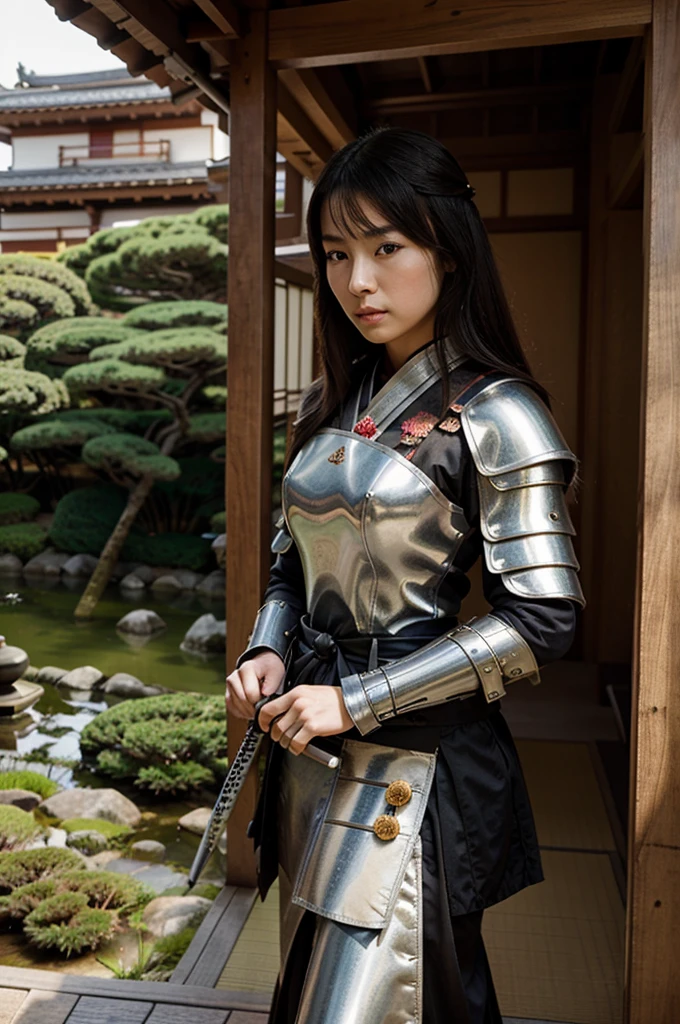 beautiful japanese princess in samurai armor, with a katana, japanese garden atmosphere