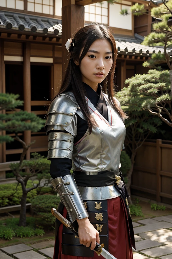 beautiful japanese princess in samurai armor, with a katana, japanese garden atmosphere