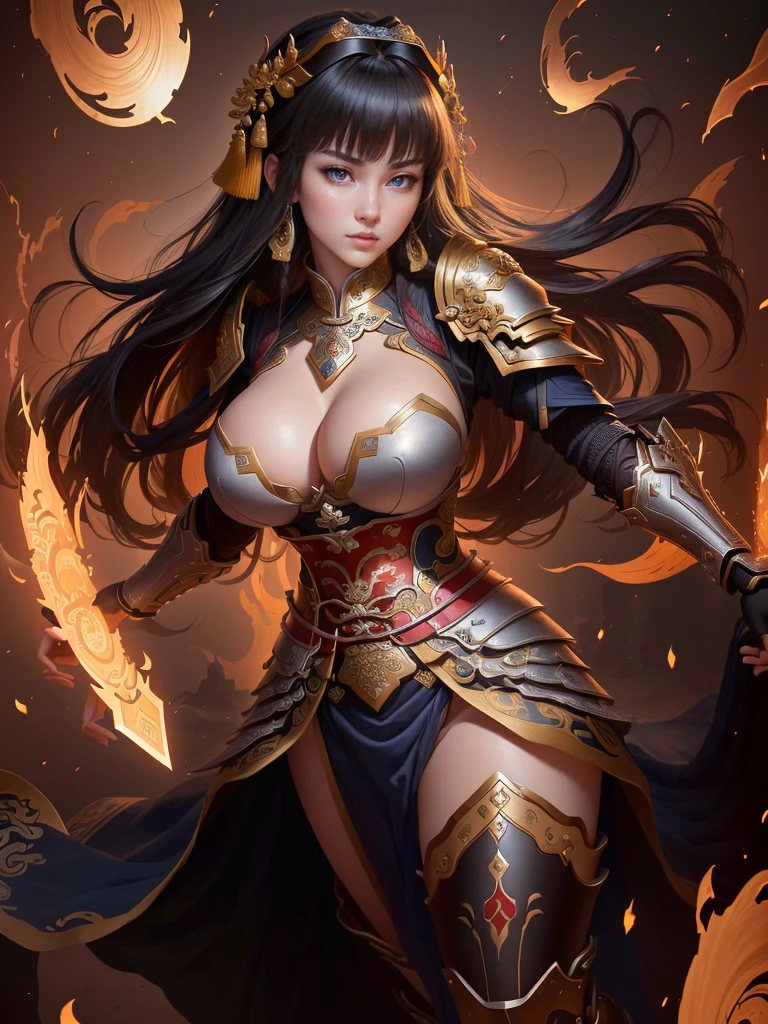 a painting of a woman with an armor, inspired by Li Kan, bian lian, guan yu, inspired by Hu Zaobin, inspired by Huang Ding, inspired by Huang Shen, inspired by Wu Bin, inspired by Li Gonglin, inspired by Zhao Zuo, inspired by Pu Hua, inspired by Cao Zhibai, chinese three kingdoms, Highly detailed CG unit 8k wallpaper, masterpiece, High resolution, highest quality, highest quality real texture skin, Super Real, Digital Painting, Best image quality, 最High resolution, 8k, (((Highly detailed eyes and face, Beautiful eyes every detail))), disproportionate breasts, huge breasts, sagging breasts, gigantic breasts, 