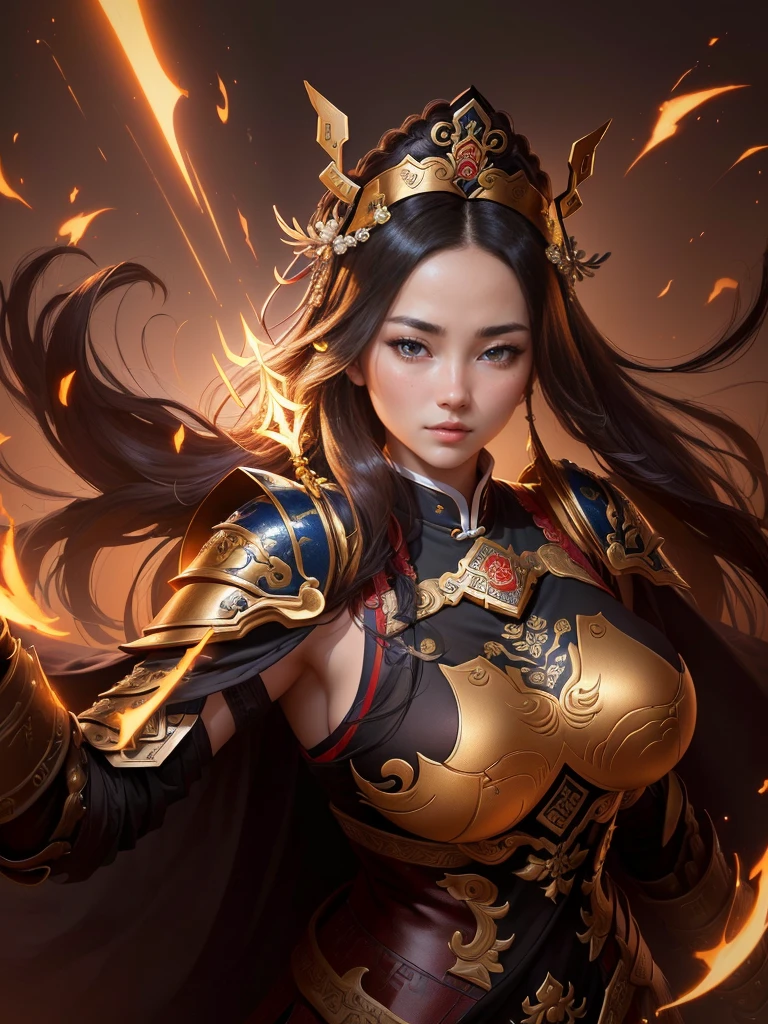 a painting of a woman with an armor, inspired by Li Kan, bian lian, guan yu, inspired by Hu Zaobin, inspired by Huang Ding, inspired by Huang Shen, inspired by Wu Bin, inspired by Li Gonglin, inspired by Zhao Zuo, inspired by Pu Hua, inspired by Cao Zhibai, chinese three kingdoms, Highly detailed CG unit 8k wallpaper, masterpiece, High resolution, highest quality, highest quality real texture skin, Super Real, Digital Painting, Best image quality, 最High resolution, 8k, (((Highly detailed eyes and face, Beautiful eyes every detail))), disproportionate breasts, huge breasts, sagging breasts, gigantic breasts,