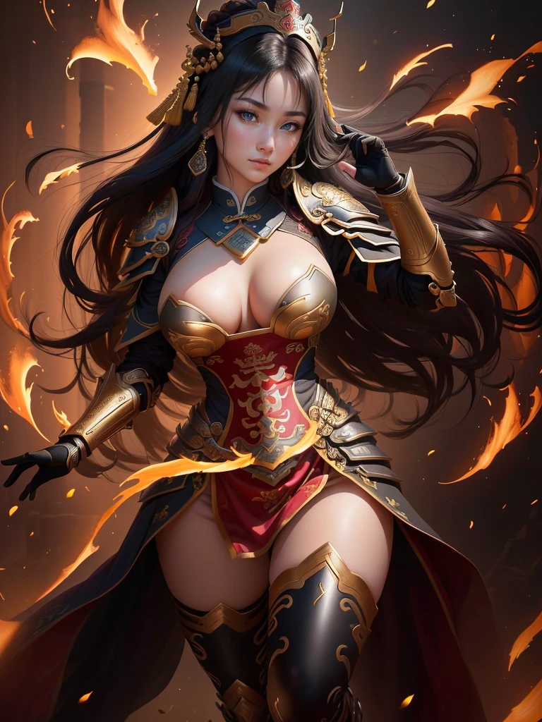 a painting of a woman with an armor, inspired by Li Kan, bian lian, guan yu, inspired by Hu Zaobin, inspired by Huang Ding, inspired by Huang Shen, inspired by Wu Bin, inspired by Li Gonglin, inspired by Zhao Zuo, inspired by Pu Hua, inspired by Cao Zhibai, chinese three kingdoms, Highly detailed CG unit 8k wallpaper, masterpiece, High resolution, highest quality, highest quality real texture skin, Super Real, Digital Painting, Best image quality, 最High resolution, 8k, (((Highly detailed eyes and face, Beautiful eyes every detail))), disproportionate breasts, huge breasts, sagging breasts, gigantic breasts, 