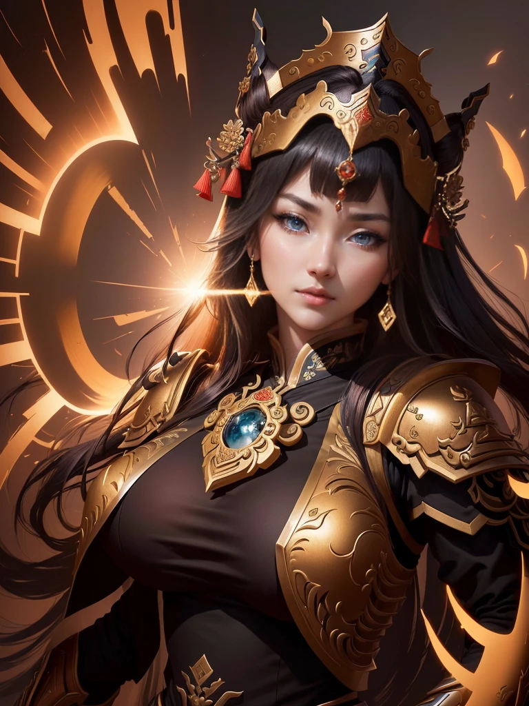 a painting of a woman with an armor, inspired by Li Kan, bian lian, guan yu, inspired by Hu Zaobin, inspired by Huang Ding, inspired by Huang Shen, inspired by Wu Bin, inspired by Li Gonglin, inspired by Zhao Zuo, inspired by Pu Hua, inspired by Cao Zhibai, chinese three kingdoms, Highly detailed CG unit 8k wallpaper, masterpiece, High resolution, highest quality, highest quality real texture skin, Super Real, Digital Painting, Best image quality, 最High resolution, 8k, (((Highly detailed eyes and face, Beautiful eyes every detail))), disproportionate breasts, huge breasts, sagging breasts, gigantic breasts,