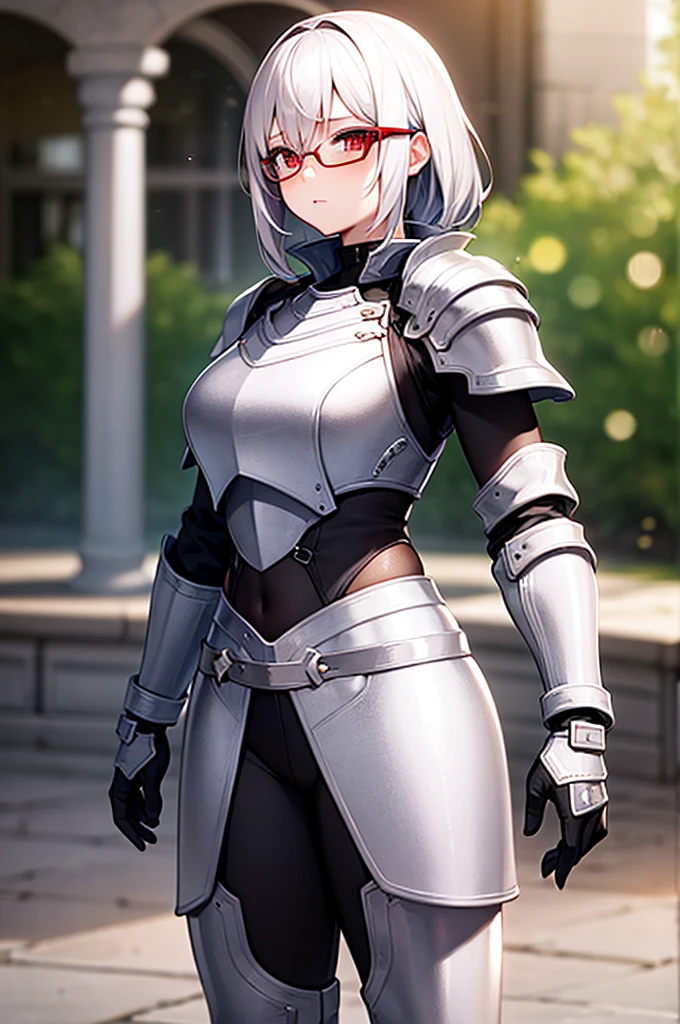 Masterpiece, solo, female, 1girl, 4k, standing, outdoor, white hair, glasses, short, futuristic black soldier armor, cowboy shot's, Bokeh,red eyes, female soldier, soldier armor