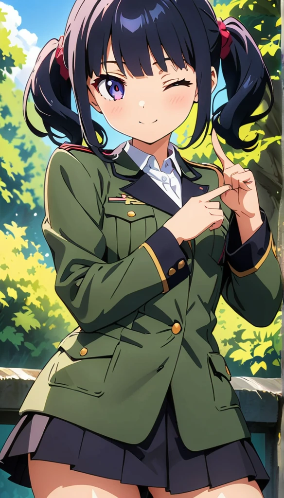 (anime artwork, anime style, studio anime, very detailed, up to date, vibrant, Anime Coloring, high contrast, masterpiece:1.2, best quality, best aesthetics),army girl,military helmet, pleated skirt, Medium chest, A glimpse of thighs, blue twintail hair, One eye is hidden by the bangs, perfect proportions, high detail skin, Cute, detailed faces, random sexy pose,forest, precise fingers,panty shot 