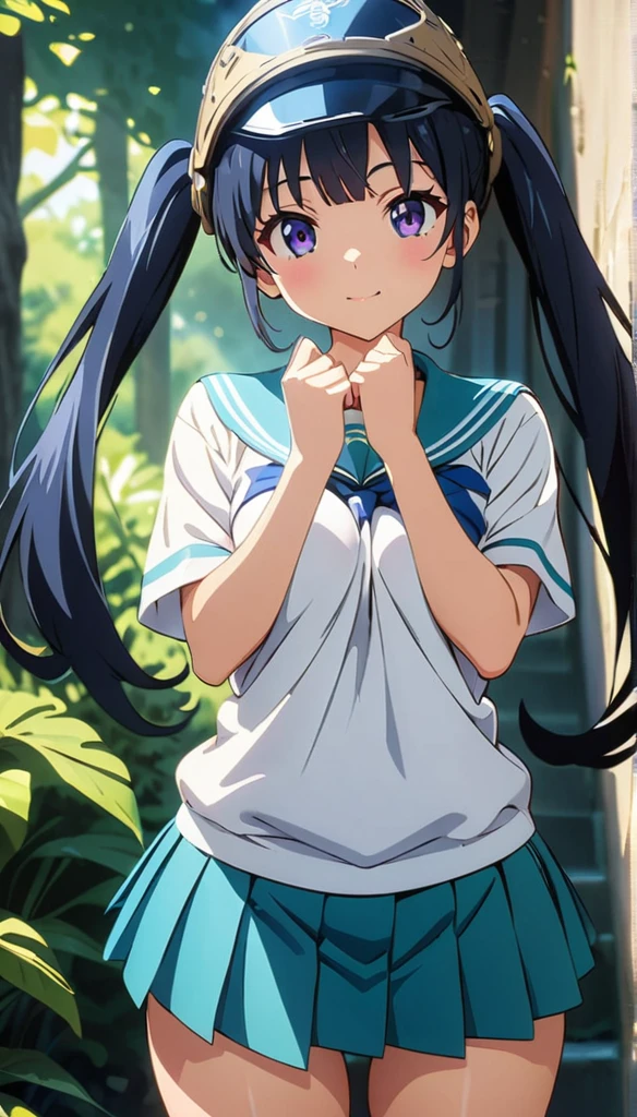 (anime artwork, anime style, studio anime, very detailed, up to date, vibrant, Anime Coloring, high contrast, masterpiece:1.2, best quality, best aesthetics),army girl,military helmet, pleated skirt, Medium chest, A glimpse of thighs, blue twintail hair, One eye is hidden by the bangs, perfect proportions, high detail skin, Cute, detailed faces, random sexy pose,forest, precise fingers,panty shot 