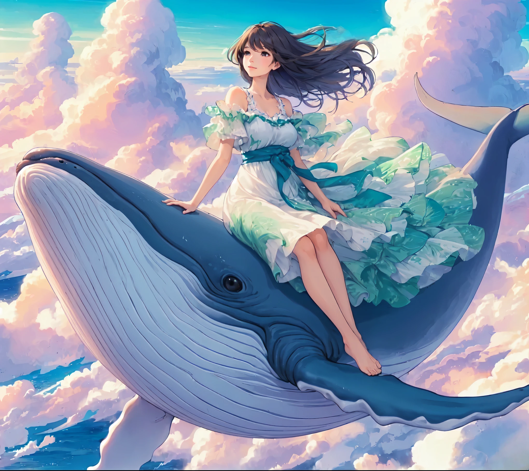 1lady solo, from side, (standing on whale's back), (arms spread wide), (elegant dress) (refreshing attire), (mature female:0.8), /(silver gray hair/) bangs, wind, light smile, (gazing into distance), (masterpiece best quality:1.2) delicate illustration ultra-detailed BREAK ((huge whale flying in the sky), (realistic whale) BREAK (vibrant sky) outdoors, (sea of clouds), at dusk, detailed background