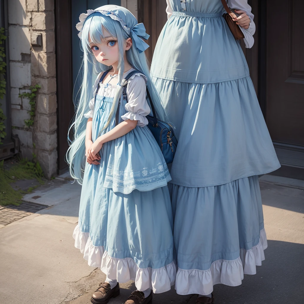 Girl with long light blue hair、Patchwork dress、Small and cute girl、Big bag、Deep blue eyes、Full-body portrait、Staring at me with cold eyes