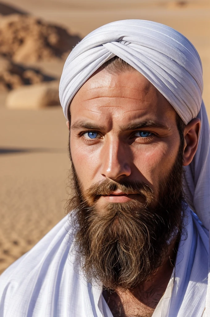 white german man blue eyes and beard, wearing thawb and turban in the desert, very realistic face, zoomed in on face, 19th century photograph