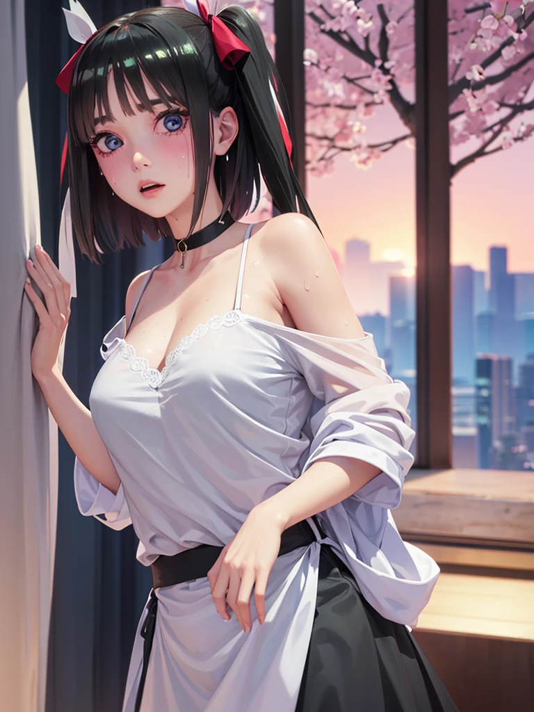 One girl,masterpiece,Highest quality,stockings,Checked mini skirt)、JK,,Are standing,In total length,Medium chest,Very detailed,[[Realistic]],Beautiful and attractive anime teen,Enchanting anime girl,Swinging skirt,blue eyes, hair ornaments, Hair Ribbon,Show your forehead、Twin tails、Emphasize cleavage、Random colored see-through  uniform、Lace choker, short hair,,No bra,,Very detailed肌, Realistic texture、Very detailed顔, (Beautiful Fine Eyes, ,The girl has a toned figure., Intricate details,Closely、Embarrassed expression、blush、Shining Sweat、Perfect Skin,Sweat is noticeable,胸の谷間のSweat is noticeable、太もものSweat is noticeable、 Fair skin,Tight waist, Sweating profusely、Sweaty hair、Clothes that become transparent due to sweat、Sweaty、Visible sweat、Sweat-soaked hair、Athlete System、Cherry blossoms fluttering down、Night cityscape。Reflection of light、moonlight、No sleeve、Off the shoulder、