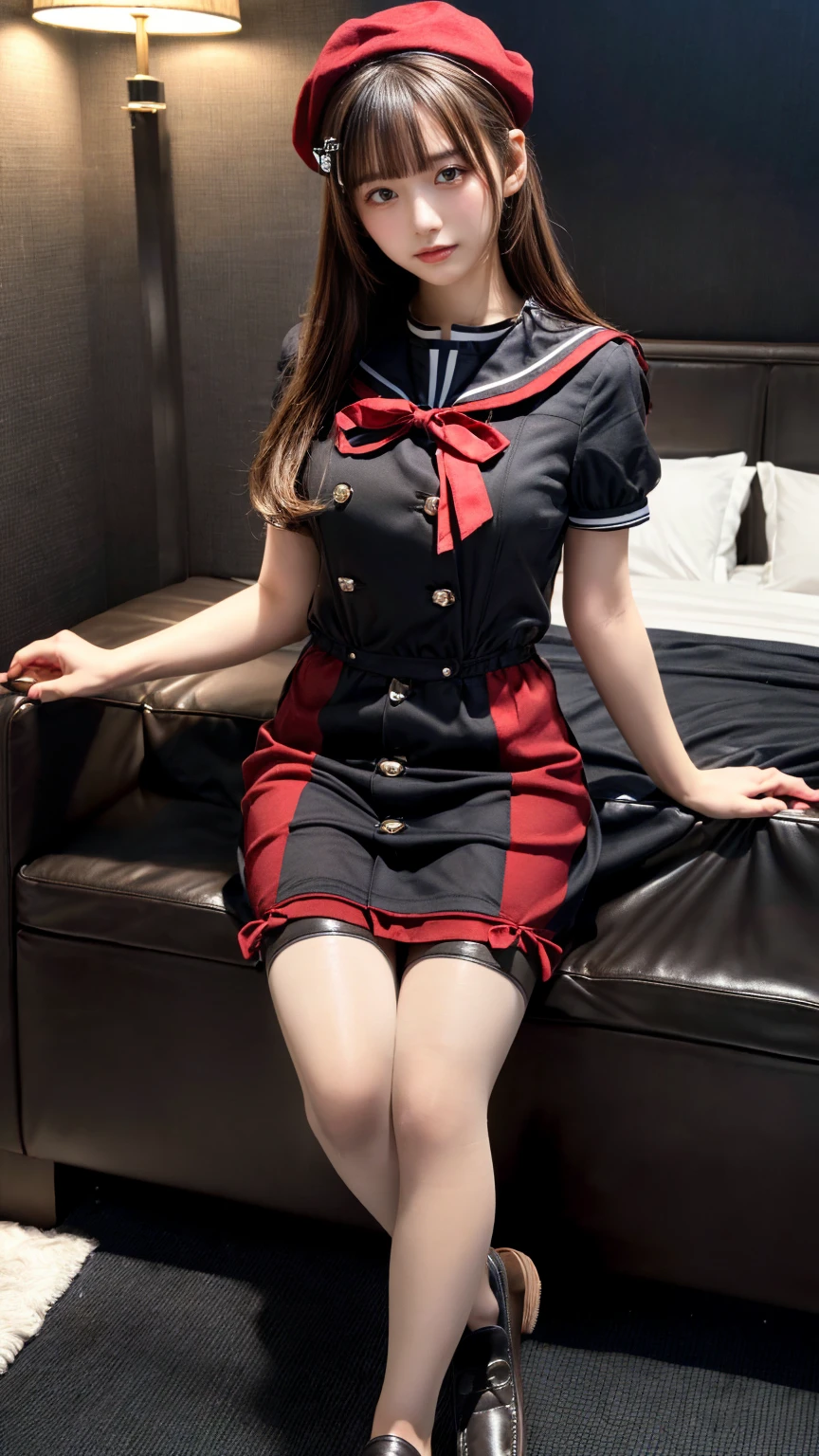 (absurdres:1.3), (highres:1.3), (ultra detailed:1.3),(1girl:1.3), (extremely detailed CG unity 8k wallpaper:1.3), (detailed skin texture, detailed cloth texture, detailed hair texture), (beautiful detailed face, supermodel, pale skin, realistic glistening skin), (RAW photo, best quality), (realistic, photo-realistic:1.4), masterpiece, extremely delicate and beautiful,Amazing, finely detail, extremely detailed CG unity 8k wallpaper, huge filesize, ultra-detailed, highres, absurdres, soft light,rim light, vibrant details, hotel room, straight hair, large breasts, black hair color, Big Natural Color Lip, (perfect body shape), beautiful legs, BREAK (black and red theme:1.4), (black sundress:1.5), (black sailor collar:1.4), ((short sleeve, bishop-sleeve):1.3), (black beret with white ribbon:1.4), (red tie:1.3), (double-breasted on (dress, skirt):1.3), ((red ribbon, white large-button):1.3), (red line on dress:1.2),
BREAK ((dark-brown pantyhose, loafers):1.2), crying a little、little smile, Harajuku style、20 year old girl、cute type、lolita、