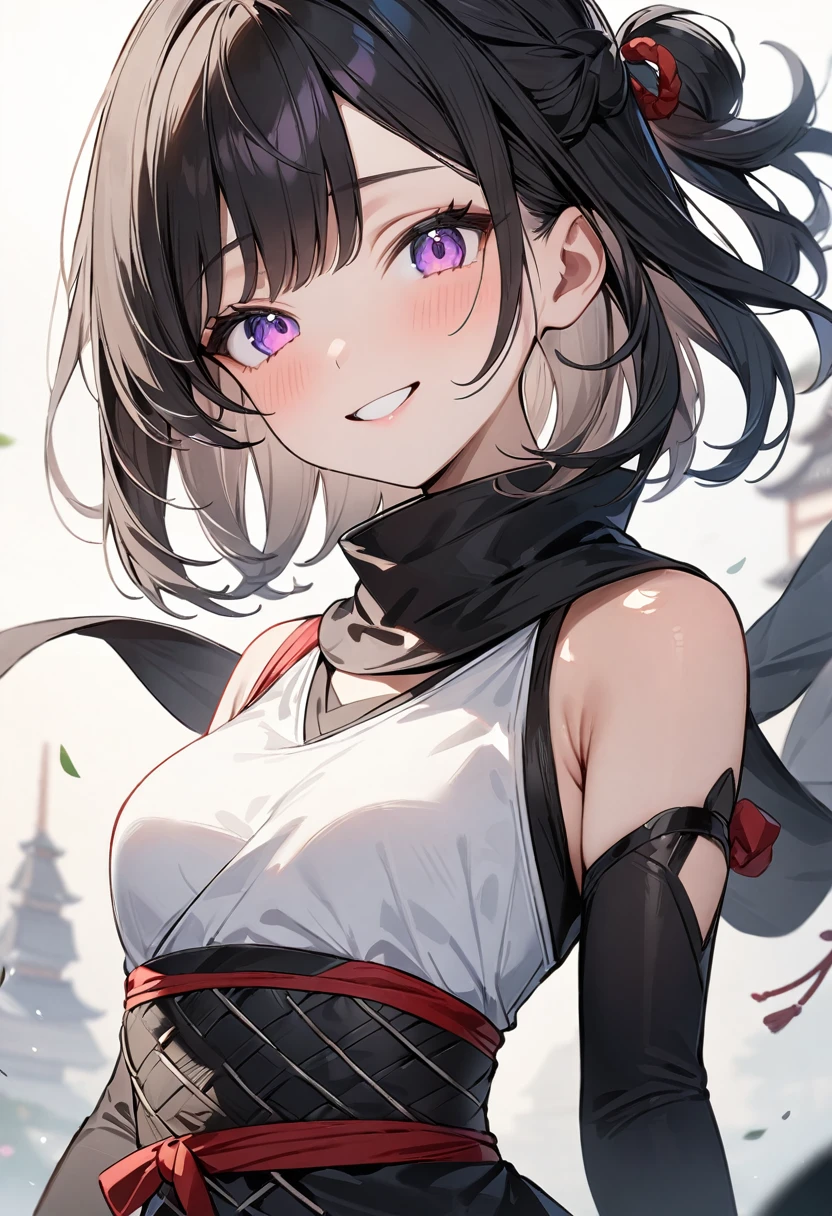 (masterpiece, top quality, very aesthetic, 4k、illustration), intricate detail, 1girl,Standing 、(upper body)、Randomsmile、()、,
Cute 、Random Hair Color、,middle hair,sidelock ,Random Color eyes、ninja clothes、small breasts、Slim 、