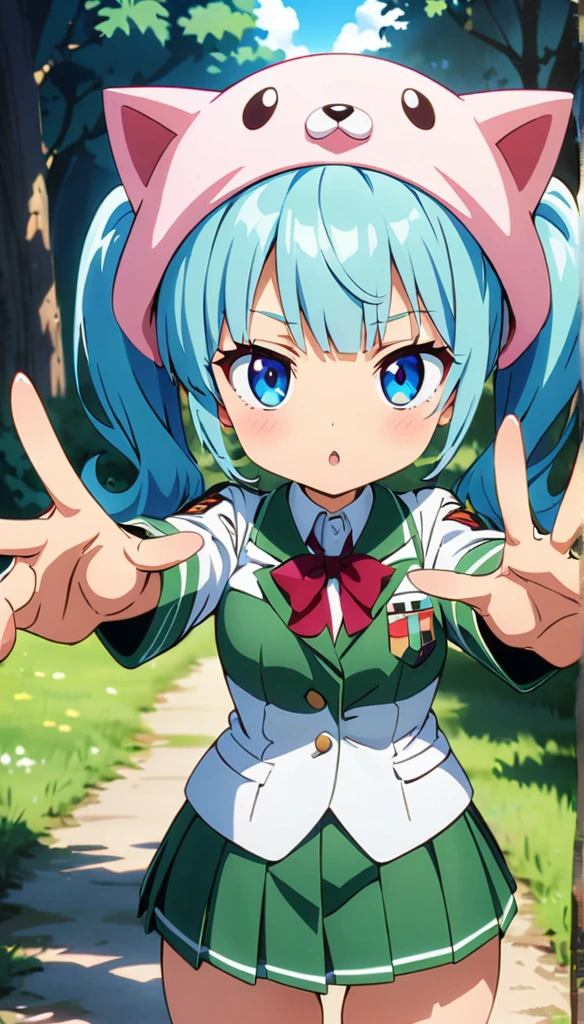 (anime artwork, anime style, studio anime, very detailed, up to date, vibrant, Anime Coloring, high contrast, masterpiece:1.2, best quality, best aesthetics),army girl,army helmet, pleated skirt, Medium chest, A glimpse of thighs, blue twintail hair, One eye is hidden by the bangs, perfect proportions, high detail skin, Cute, detailed faces, random sexy pose,forest, precise fingers,panty shot