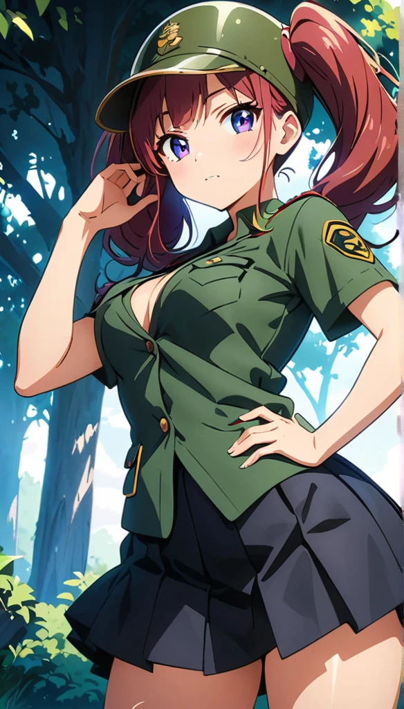 (anime artwork, anime style, studio anime, very detailed, up to date, vibrant, Anime Coloring, high contrast, masterpiece:1.2, best quality, best aesthetics),army girl,army helmet, pleated skirt, Medium chest, A glimpse of thighs, blue twintail hair, One eye is hidden by the bangs, perfect proportions, high detail skin, Cute, detailed faces, random sexy pose,forest, precise fingers,panty shot