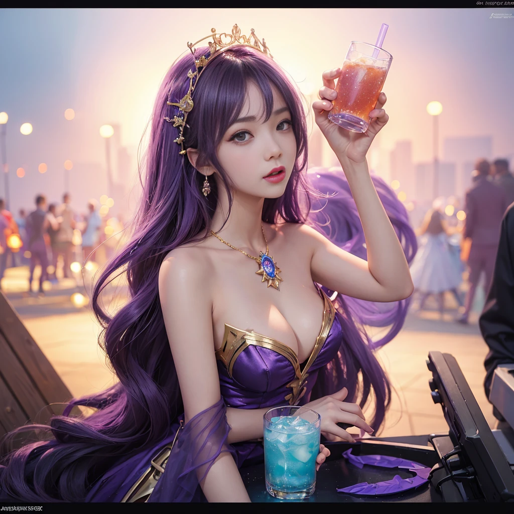 a woman in a purple dress holding a drink and a cell phone, portrait knights of zodiac girl, extremely detailed artgerm, seraphine ahri kda, trending artgerm, style league of legends, soda themed girl, anime girl drinks energy drink, 8k artgerm bokeh, style of artgerm, style artgerm
