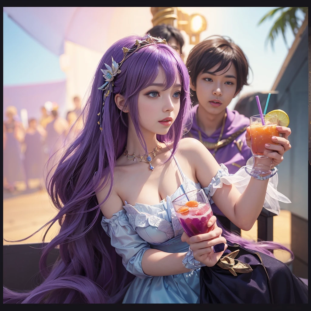 a woman in a purple dress holding a drink and a cell phone, portrait knights of zodiac girl, extremely detailed artgerm, seraphine ahri kda, trending artgerm, style league of legends, soda themed girl, anime girl drinks energy drink, 8k artgerm bokeh, style of artgerm, style artgerm