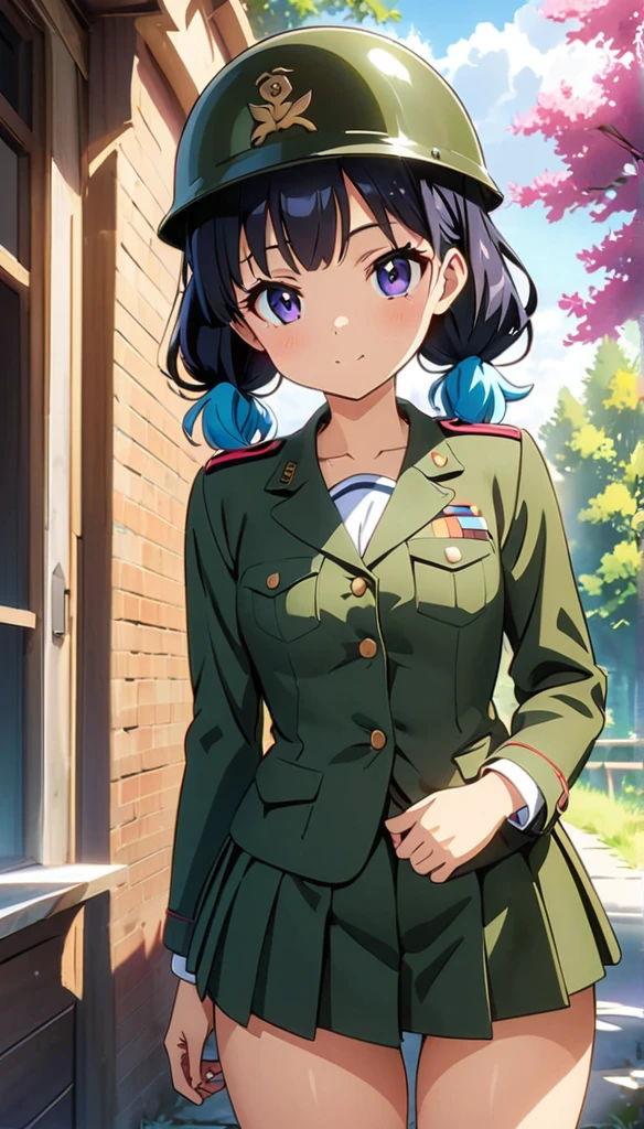 (anime artwork, anime style, studio anime, very detailed, up to date, vibrant, Anime Coloring, high contrast, masterpiece:1.2, best quality, best aesthetics),military girl,military helmet, pleated skirt, Medium chest, A glimpse of thighs, blue twintail hair, One eye is hidden by the bangs, perfect proportions, high detail skin, Cute, detailed faces, random sexy pose,forest, precise fingers,panty shot
