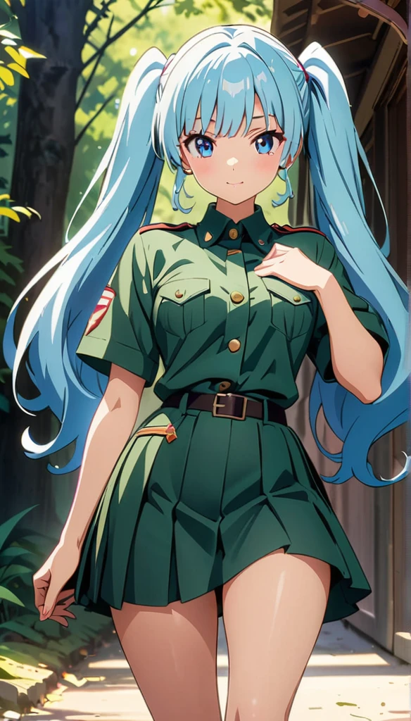 Adult female long hair bangs Hime cut Black Hair expensive smile Dark green German military uniform Tight Skirt spats Hold the sword at your waist battlefield