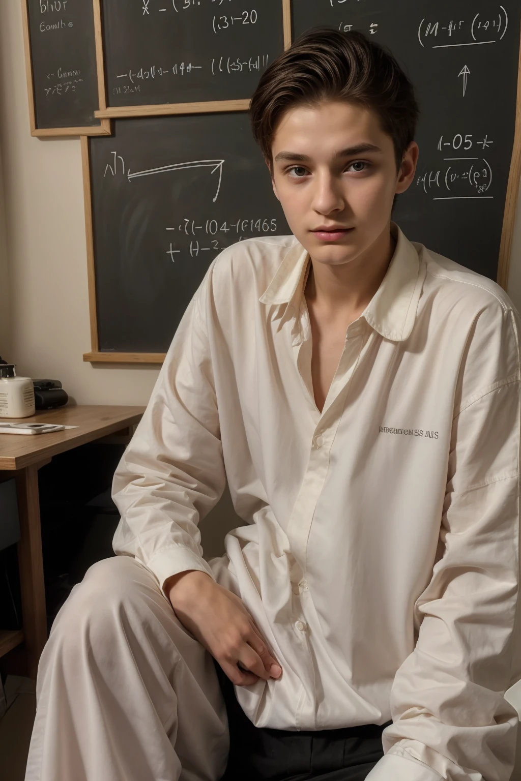 A young male twink, 22 years old, with a cute, angel-faced face with makeup and black hair, wearing a luxurious, white, long-sleeved shirt and brown medieval pants. Behind him is a blackboard with mathematical equations written on it, and he looks proudly as he sits at a desk with medical tools on it.