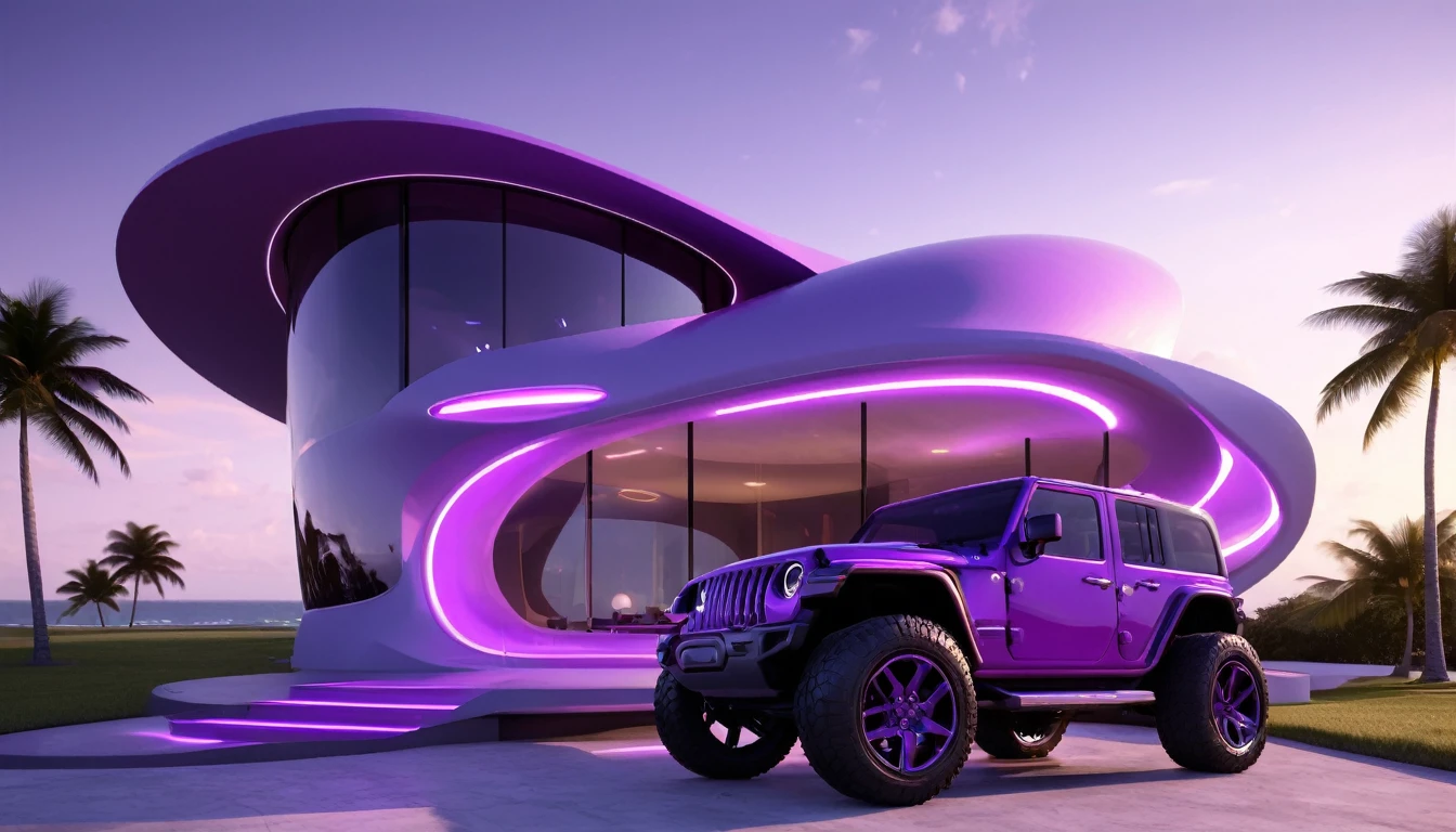 a futuristic house with a floresent purple jeep wrangler parked in front of it, cgsocietywlop, beautiful curves, intricate devilish designs, qualia, interesting shapes & form, wow factor, elaborate polished, architectural rendering, miami, orange soft lighting in interior of house, futuristic battlefield, inspired by James E. Brewton, precise architectural rendering