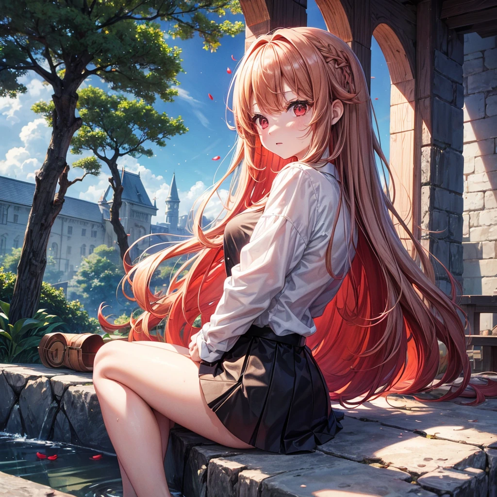 Red-blonde、Red eyes、One cute girl、solo、And soul、Light clothing、Checked mini skirt、petal、Wet hair、Sit on、black t-shirts、large tree、cloud、full moon、monster castle、lanthanum、Hell's Gate、Craft Gatekeeper、barefoot