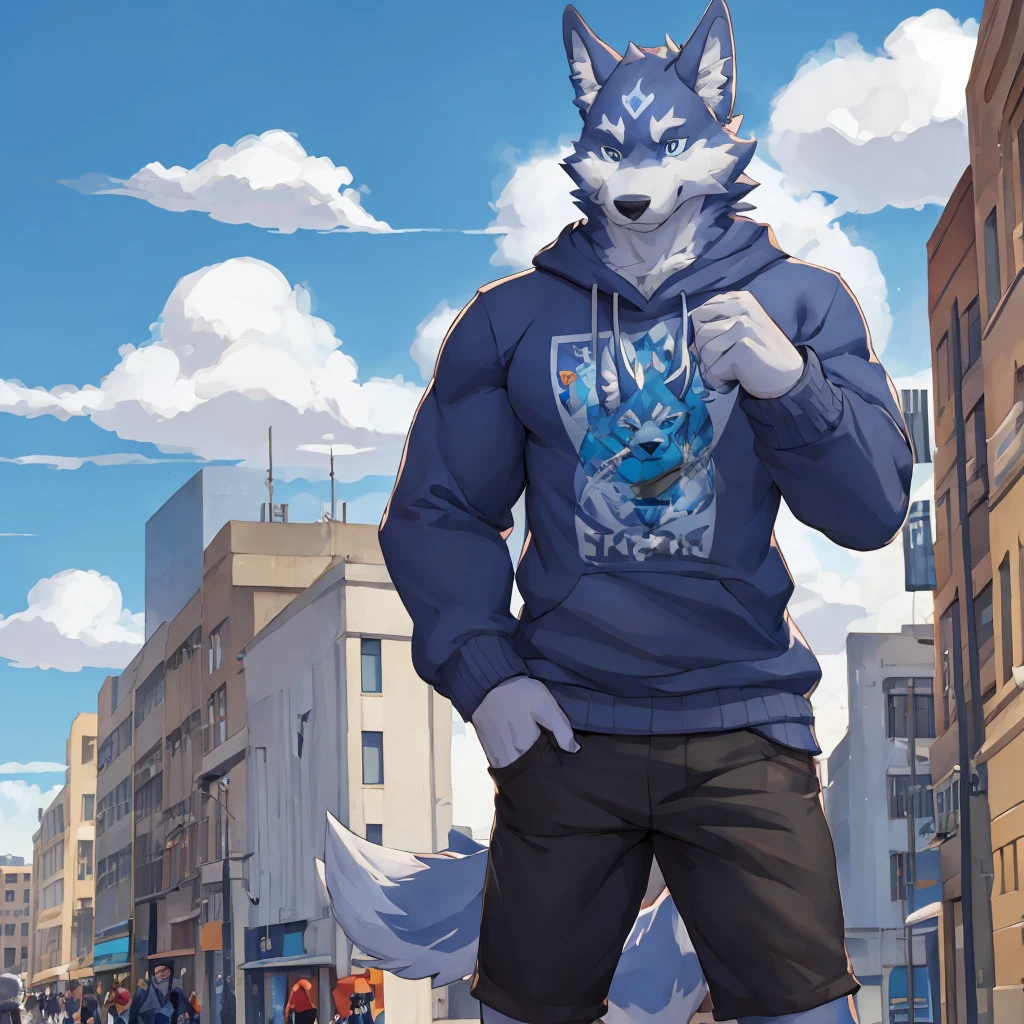 Muscular body, Deep black fur, Standing on the street, Snack Street Background,head tilted to one side,Beautiful blue sky and white clouds,People coming and going , Wearing a gray sweatshirt, Wolf furry character
