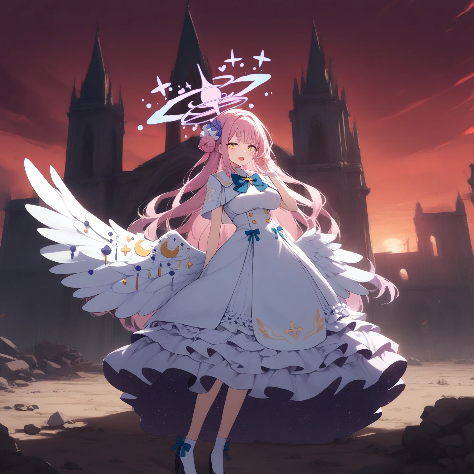 (1girl:1.8), solo, full body,highres,mika_\(blue_archive\),white_wings,feathered_wings,hair_flower,large_breasts,angel_wings,white_dress,low_wings, glaring eyes, open_mouth, emerged, red aura, menacing, mysterious, abandoned, historic, collapsed_cathedral, deserted, sands, dripping_blood, red sky