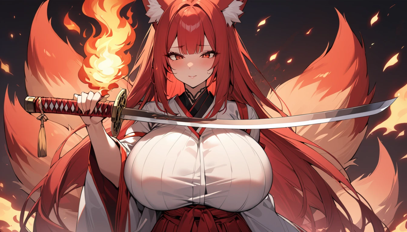 4K masterpiece High brightness crimson hair Very long ponytail Bangs down Mature woman Very large bust Huge breasts Exposed hakama Fox ears and nine fox tails of the same color as the hair Burning sword、Sword、He is wearing a five-fingered flame and is holding a Japanese sword.
