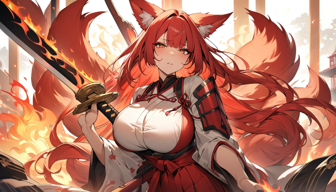 4K masterpiece High brightness crimson hair Very long ponytail Bangs down Mature woman Very large bust Huge breasts Exposed hakama Fox ears and nine fox tails of the same color as the hair Burning sword、Sword、He is wearing a five-fingered flame and is holding a Japanese sword.