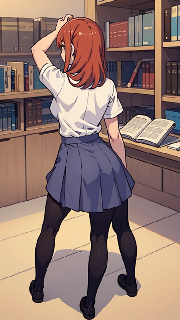 Back view,Forward bending,Pantyhose,shirt,high school girl,whole body,library,