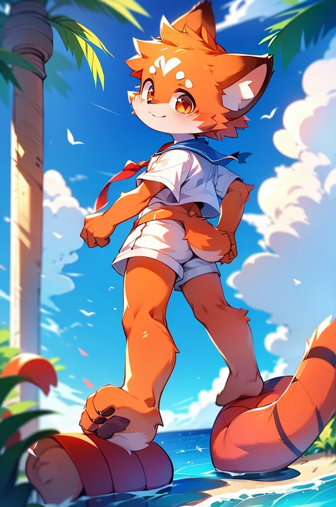 Red Panda Boy,8k resolution,Furry, Ocean,Sailor uniform,Red collar,Two legs,Stand on your feet! towering,lanky,lanky nsfw