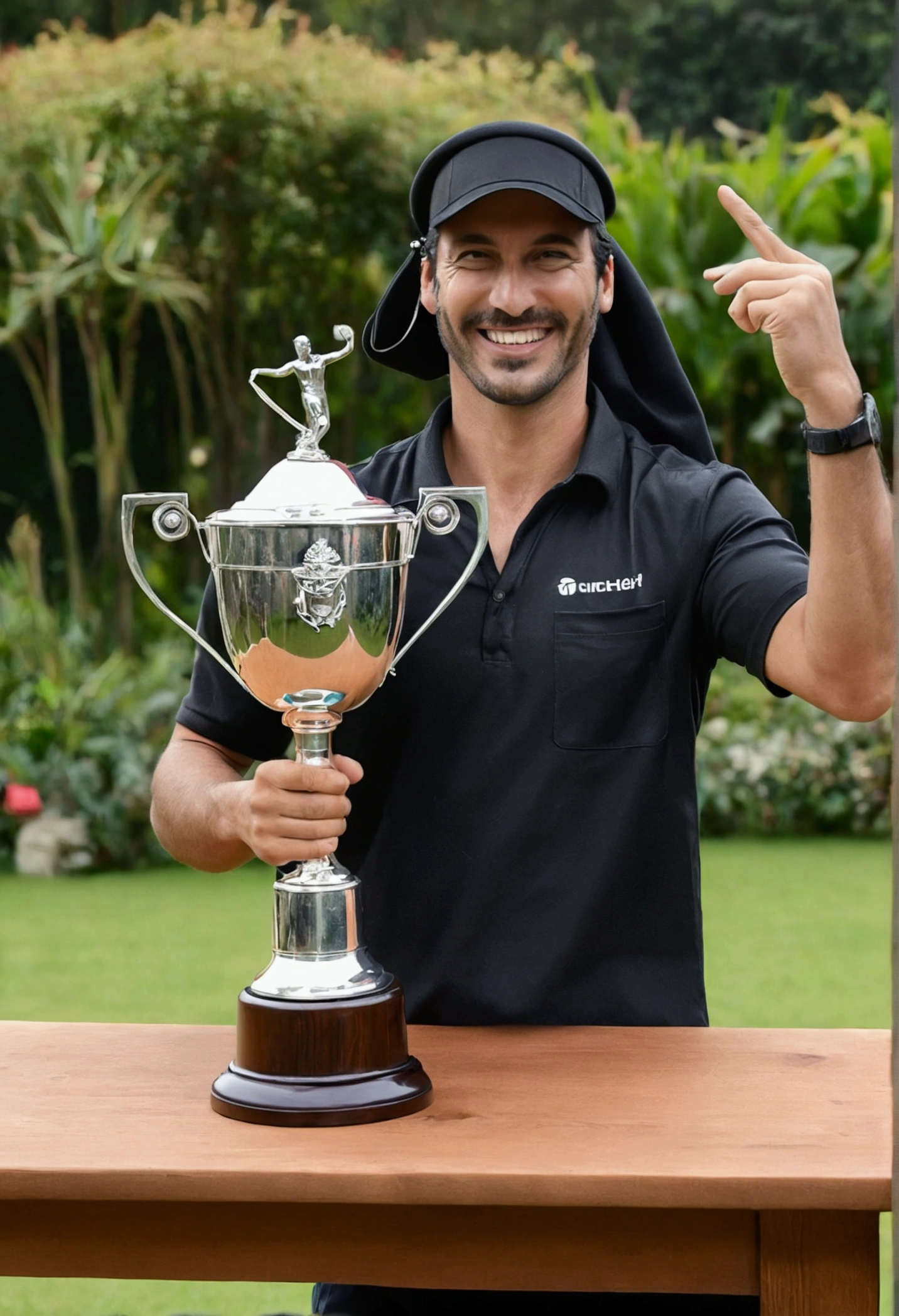 a journalist with a black cloth visor covering only his eyes, wide smile, journalist with microphone, trophy passes cloth, passing a cloth, a cloth over the trophy, on top of a wooden table and in the background there is a garden, lifting the trophy with one hand and the other hand passing the cloth.