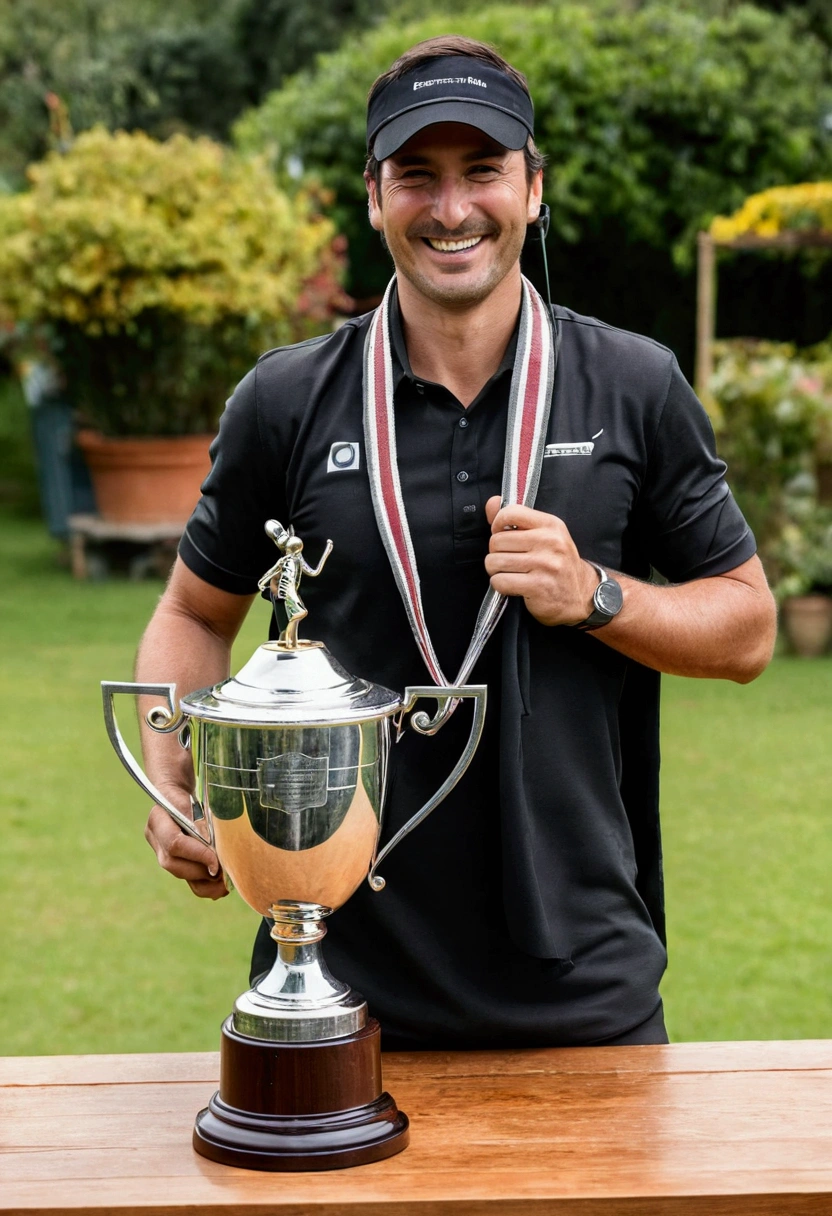a journalist with a black cloth visor covering only his eyes, wide smile, journalist with microphone, trophy passes cloth, passing a cloth, a cloth over the trophy, on top of a wooden table and in the background there is a garden, lifting the trophy with one hand and the other hand passing the cloth.
