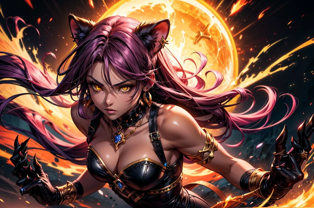 Japanese demon girl with tiny panties and ripped top, crazy face, sarcastic smile, punk hair, mohawk hair, colored hair, slim and well-defined body, Waist slender, nude belly, coxas nuas, Dirty laundry, world after apocalypse, wasteland, sexly, pose de atitude, Create a cool character for a gacha game based on the game Zenless Zone Zero, female character in devil clothes in warm colors, S-level fire elemental character, devil horns and tail, beautiful and cute face, nymph body, lolly, haughty, devilish smile, wielding a serrated sword, pose de atitude, aggressive movements, Shark teeth