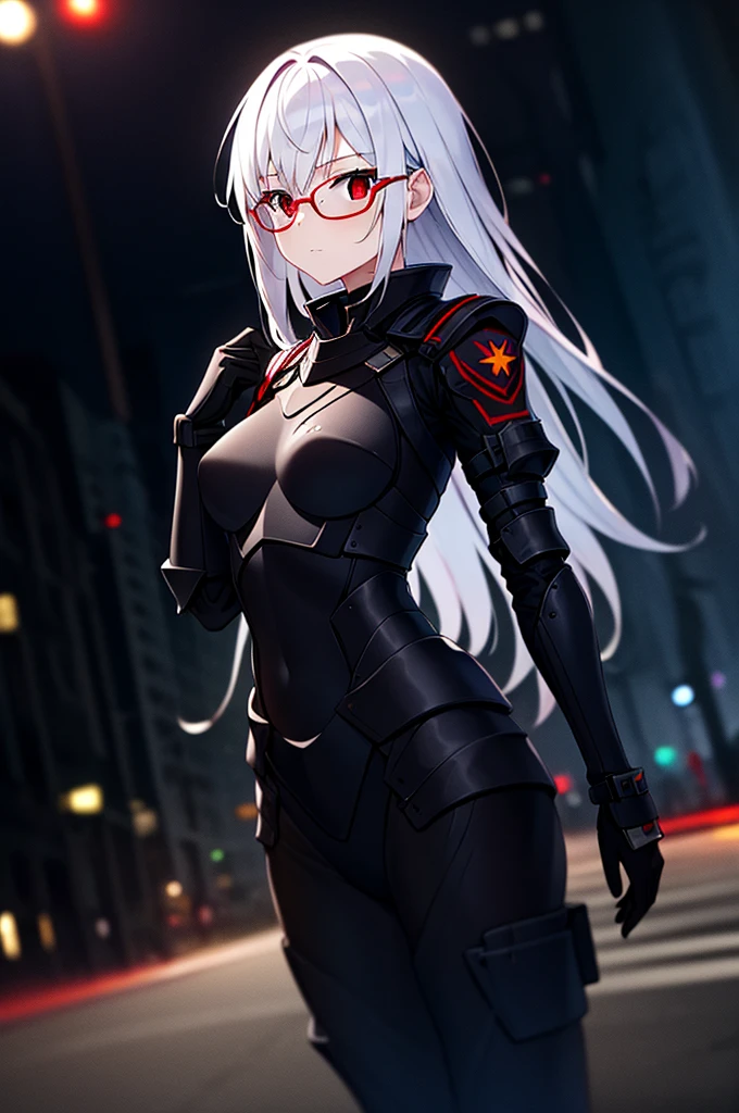 Masterpiece, solo, female, 1girl, 4k, standing, outdoor, white hair, glasses, short, futuristic black soldier armor, cowboy shot's, Bokeh,red eyes, female soldier, soldier armor, flat breast 