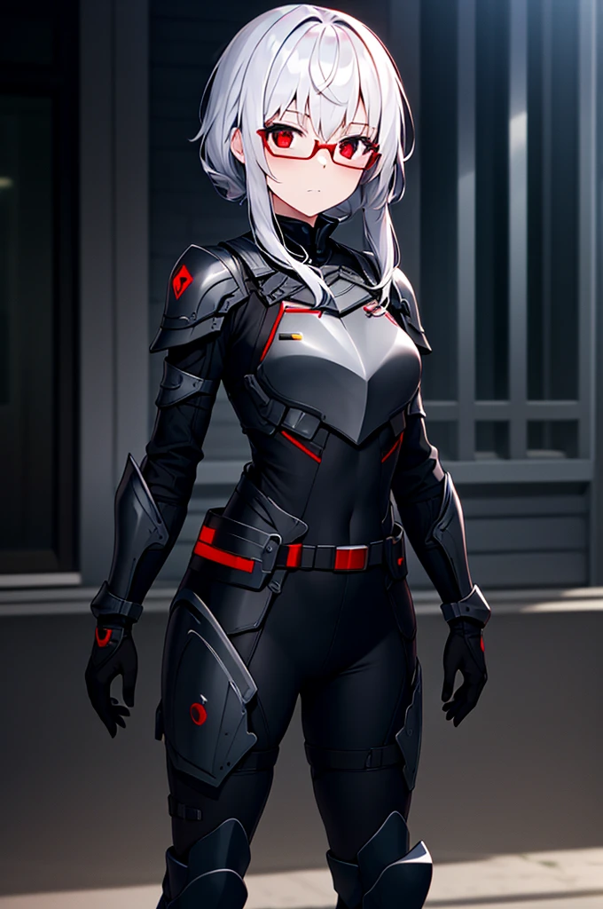 Masterpiece, solo, female, 1girl, 4k, standing, outdoor, white hair, glasses, short, futuristic black soldier armor, cowboy shot's, Bokeh,red eyes, female soldier, soldier armor, flat breast