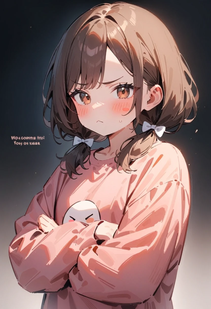 masterpiece, best quality, very aesthetic, absurdres, newest, asymmetrical bangs, tareme, 1girl, solo, looking at viewer, bangs, simple background, brown hair, shirt, long sleeves, white background, twintails, upper body, artist name, english text, low twintails, frown, blush stickers, crossed arms, short twintails, pink shirt