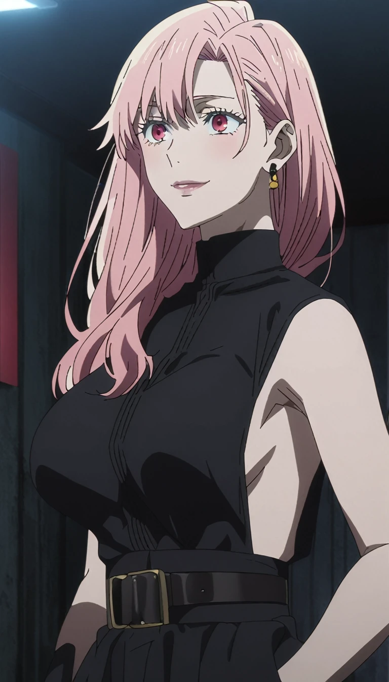 1girl, female gojo satoru, anime screencap from jujutsu kaisen, gojo satoru female version, solo, long_hair, ((Red eyes)) ((Pink_hair, hair over ear from one side))((slicked hair)) , night view, (hanging breasts) upper_body, smile, indoors, lips, (long hair) ((wearing black colour outfit, glossy)) breast, "very detailed and high resolution" (Red eyes) ((solo)) (((front view))) (earings) ((high resolution)) ((good quality)) ((silky hair, hair over ear from one side))((hair slicked)) ((shy)) ((full body))