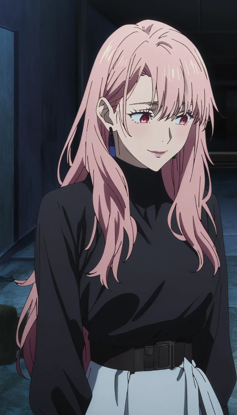 1girl, female gojo satoru, anime screencap from jujutsu kaisen, gojo satoru female version, solo, long_hair, ((Red eyes)) ((Pink_hair, hair over ear from one side))((slicked hair)) , night view, (hanging breasts) upper_body, smile, indoors, lips, (long hair) ((wearing black colour outfit, glossy)) breast, "very detailed and high resolution" (Red eyes) ((solo)) (((front view))) (earings) ((high resolution)) ((good quality)) ((silky hair, hair over ear from one side))((hair slicked)) ((shy)) ((full body))