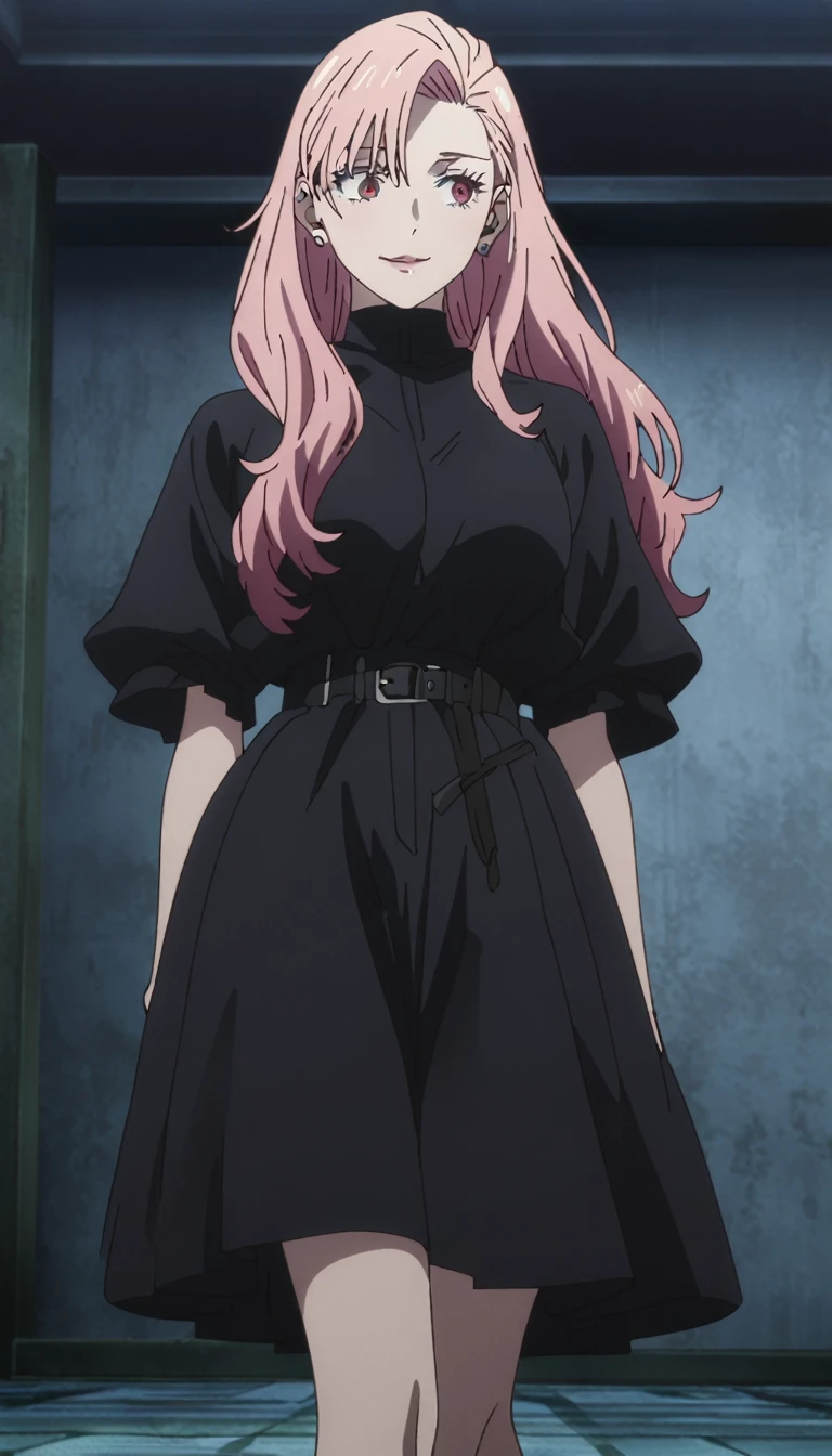 1girl, female gojo satoru, anime screencap from jujutsu kaisen, gojo satoru female version, solo, long_hair, ((Red eyes)) ((Pink_hair, hair over ear from one side))((slicked hair)) , night view, (hanging breasts) upper_body, smile, indoors, lips, (long hair) ((wearing black colour outfit, glossy)) breast, "very detailed and high resolution" (Red eyes) ((solo)) (((front view))) (earings) ((high resolution)) ((good quality)) ((silky hair, hair over ear from one side))((hair slicked)) ((shy)) ((full body))