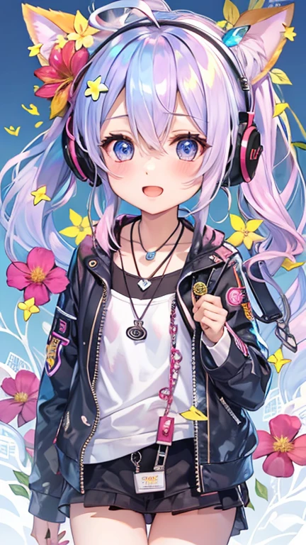 Flowers、Rainbow Hair、Headphones、Cat ear、Seven-colored hair、leather jacket,Flowers and sky background、Young Face 、ponytail、round 1、necklace、jewelry、Tank top、whole body、Between the legs