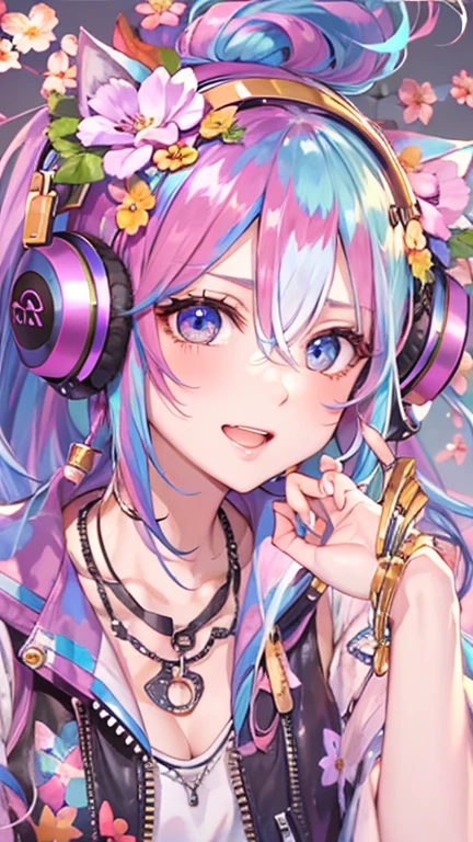 Flowers、Rainbow Hair、Headphones、Cat ear、Seven-colored hair、leather jacket,Flowers and sky background、Young Face 、ponytail、round 1、necklace、jewelry、Tank top、whole body、Between the legs