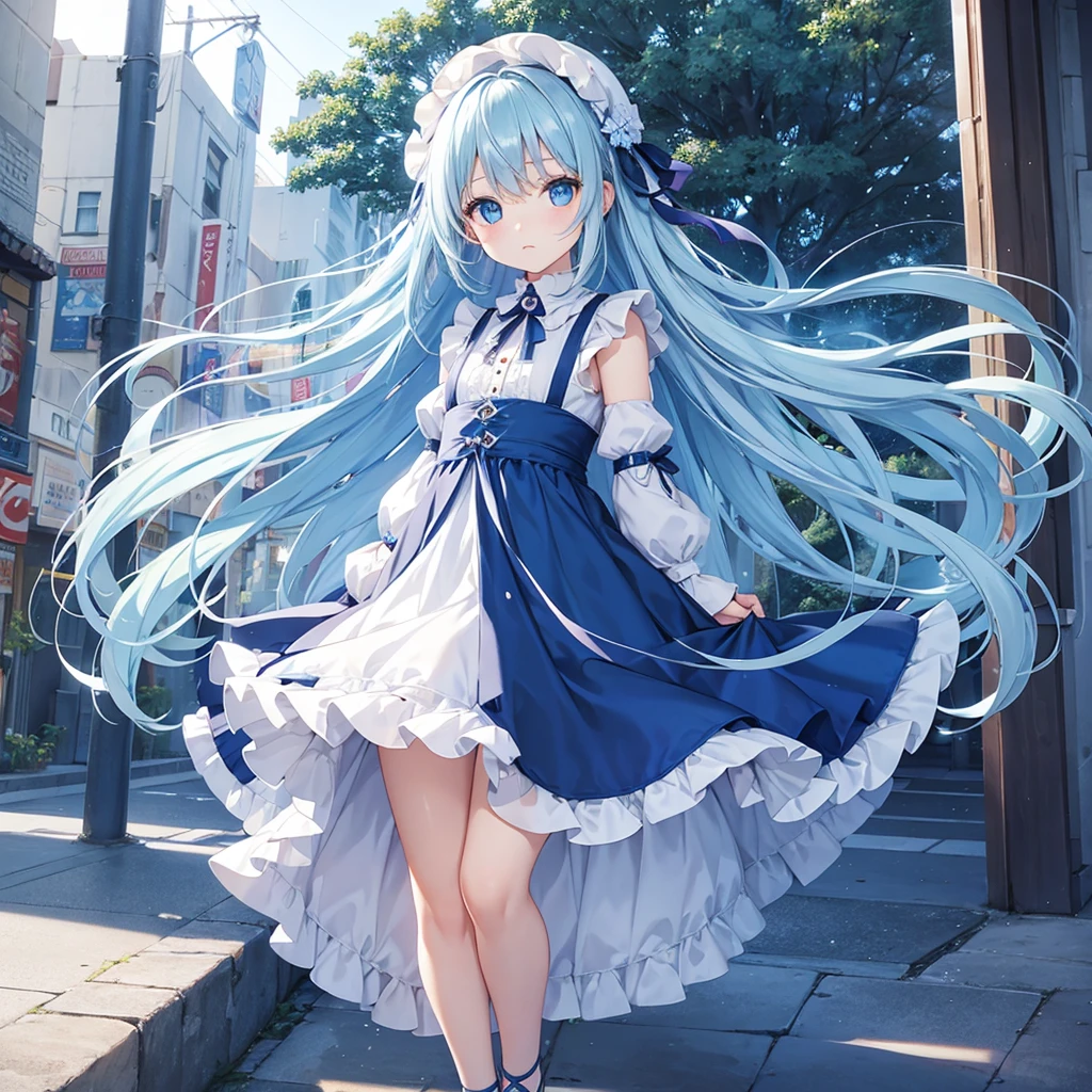 Girl with long light blue hair、Patchwork dress、Small and cute girl、Big bag、Deep blue eyes、Full-body portrait、Staring at me with cold eyes