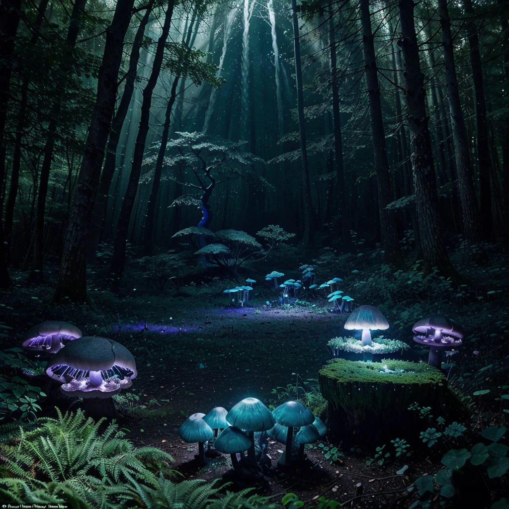 A bioluminescent forest at twilight, with glowing mushrooms and ethereal wisps of light floating between ancient, gnarled trees. The scene is bathed in a soft, otherworldly blue glow, with hints of purple and green. In the foreground, a curious fox with glowing eyes peers out from behind a mossy log.