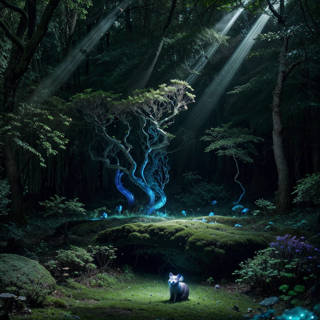 A bioluminescent forest at twilight, with glowing mushrooms and ethereal wisps of light floating between ancient, gnarled trees. The scene is bathed in a soft, otherworldly blue glow, with hints of purple and green. In the foreground, a curious fox with glowing eyes peers out from behind a mossy log.