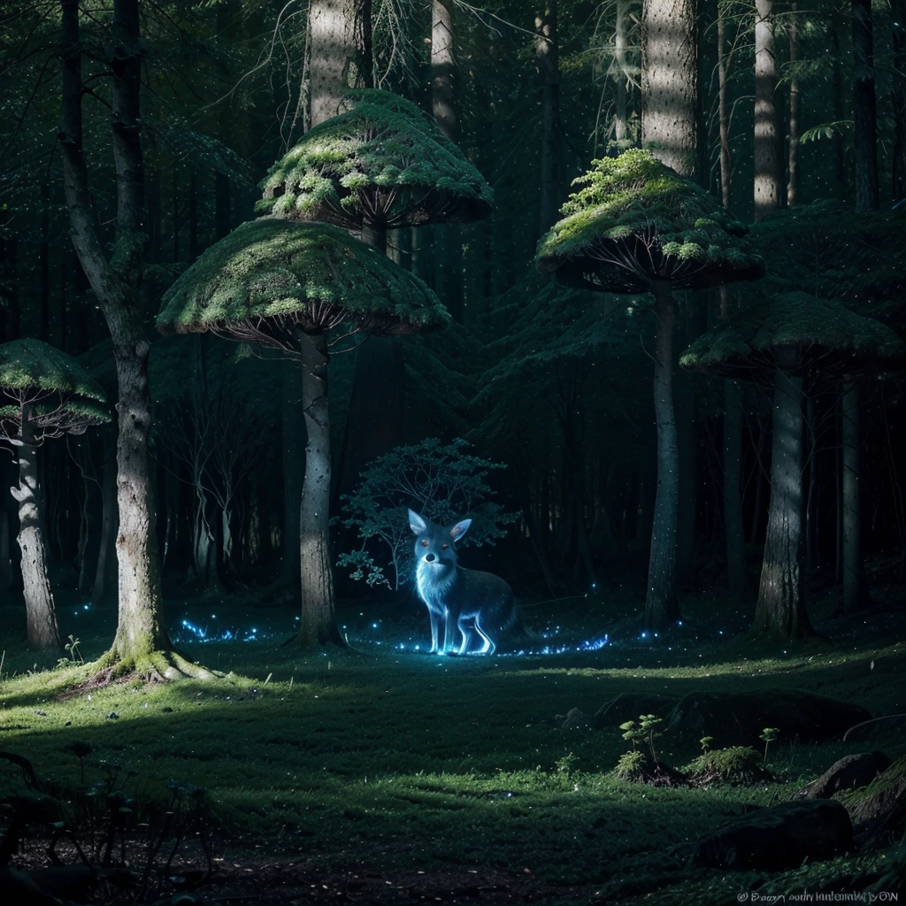 A bioluminescent forest at twilight, with glowing mushrooms and ethereal wisps of light floating between ancient, gnarled trees. The scene is bathed in a soft, otherworldly blue glow, with hints of purple and green. In the foreground, a curious fox with glowing eyes peers out from behind a mossy log.