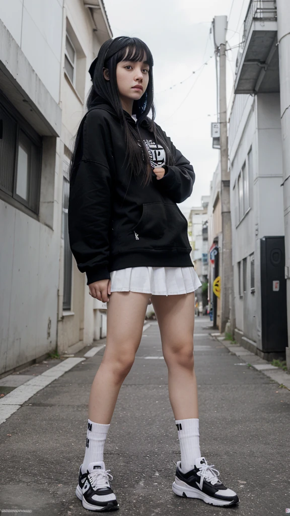 i am woman. im sixteen i have white and black hair (any hair type). i wear black and white hoodie. black short skirt. i wear i wear the very long white and black strip socks. (anime) (Wallpaper)
