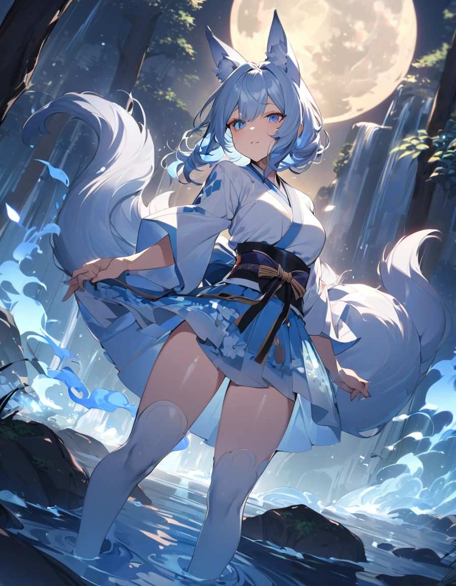 Masterpiece, Extremely detailed, (A beautiful kitsune woman facing a waterfall surrounded by an aura of blue fire), view from behind, dynamic pose , fox ears, nine fox tails, tails spread out behind her, forest clearing, full moon, moonlight, traditional Japanese clothing. 